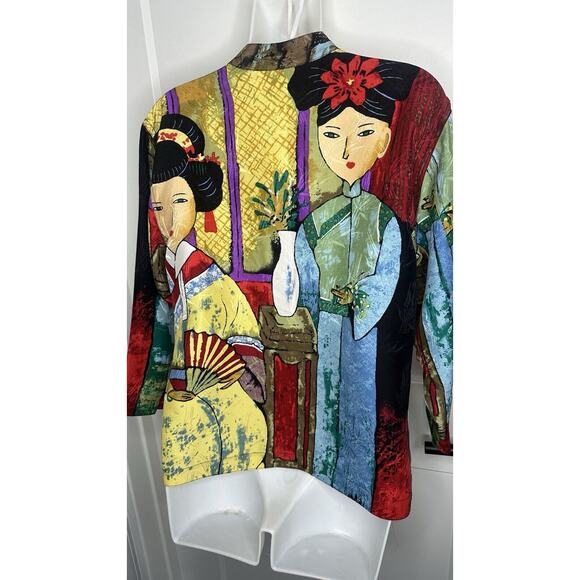 Chico's Silk Blouse Button Up Art To Wear Geisha Whimsical sz 0‎ XS/S - Picture 3 of 7